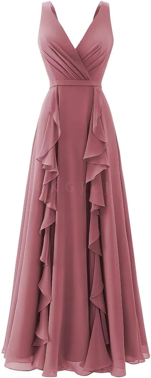 V Neck Chiffon Bridesmaid Dresses for Women 2025 Ruffles Formal Evening Gown Long Wedding Party Prom Dresses
