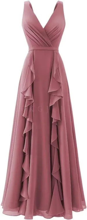 V Neck Chiffon Bridesmaid Dresses for Women 2025 Ruffles Formal Evening Gown Long Wedding Party Prom Dresses