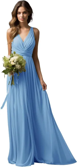 V-Neck Chiffon Long Bridesmaid Dresses for Women A Line Ruched Formal Porm Evening Gowns MRX18
