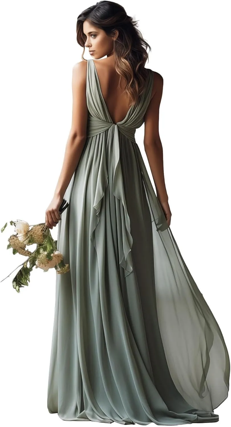 V-Neck Chiffon Long Bridesmaid Dresses for Women A Line Ruched Formal Porm Evening Gowns MRX18