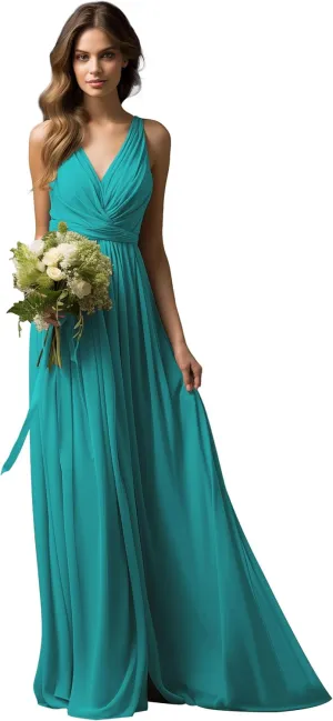 V-Neck Chiffon Long Bridesmaid Dresses for Women A Line Ruched Formal Porm Evening Gowns MRX18
