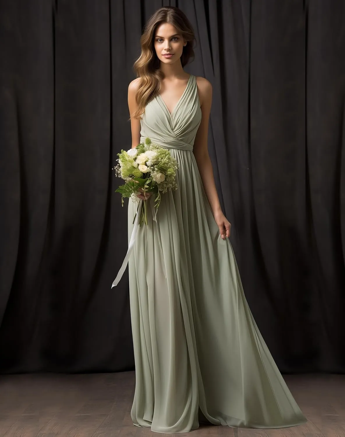 V-Neck Chiffon Long Bridesmaid Dresses for Women A Line Ruched Formal Porm Evening Gowns MRX18