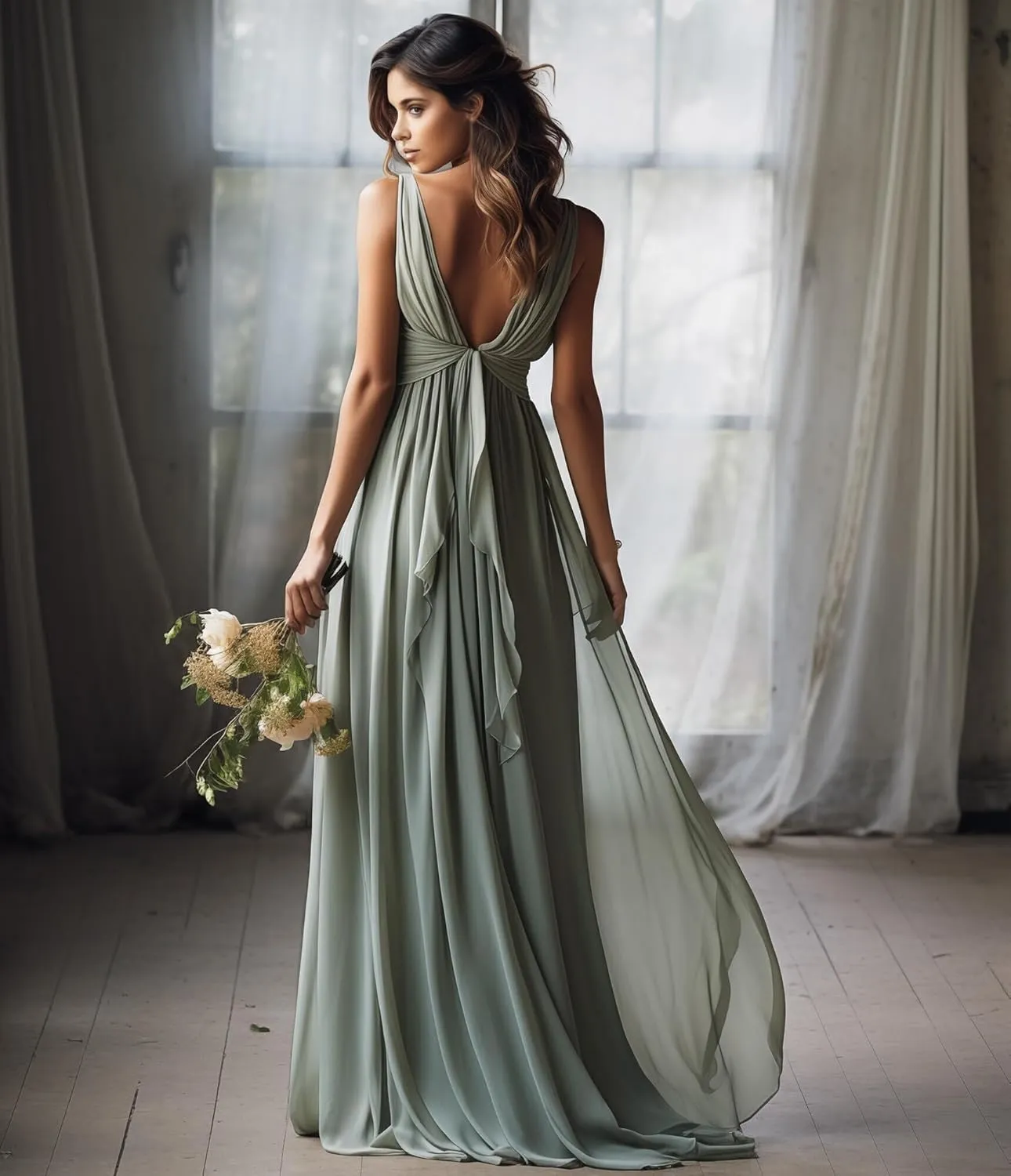 V-Neck Chiffon Long Bridesmaid Dresses for Women A Line Ruched Formal Porm Evening Gowns MRX18