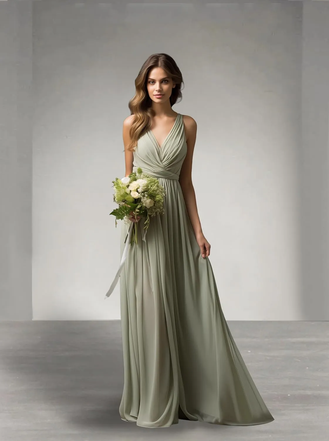 V-Neck Chiffon Long Bridesmaid Dresses for Women A Line Ruched Formal Porm Evening Gowns MRX18