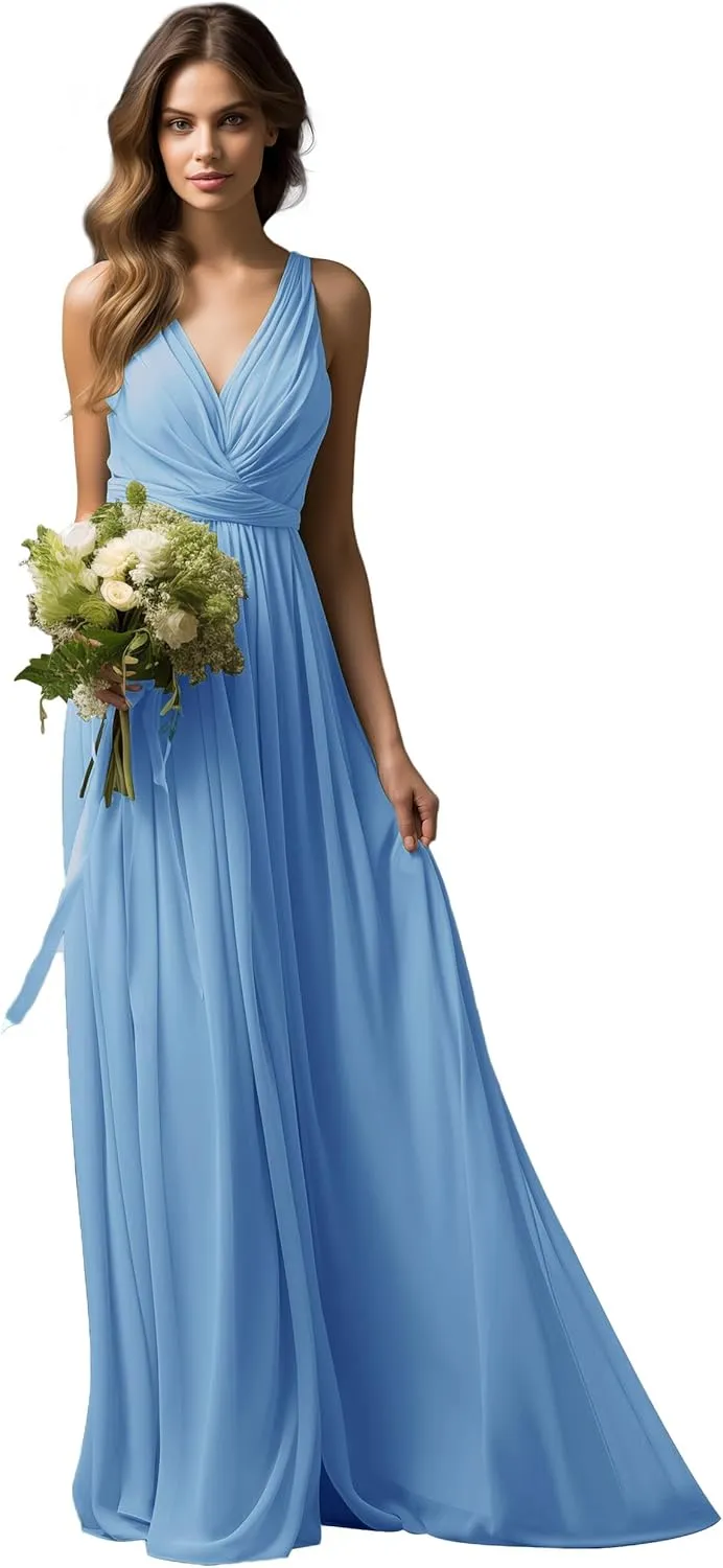 V-Neck Chiffon Long Bridesmaid Dresses for Women A Line Ruched Formal Porm Evening Gowns MRX18