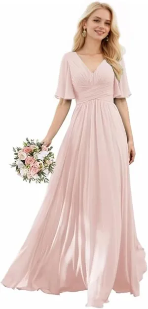 V-Neck Flutter Sleeves Bridesmaid Dress with Pockets A-Line Long Chiffon Formal Party Dresses with Slit