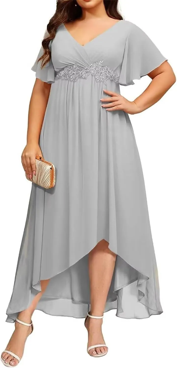 V Neck Mother of The Bride Dress with Sleeves 2025 Chiffon Lace High Low Formal Evening Dresses XDM006