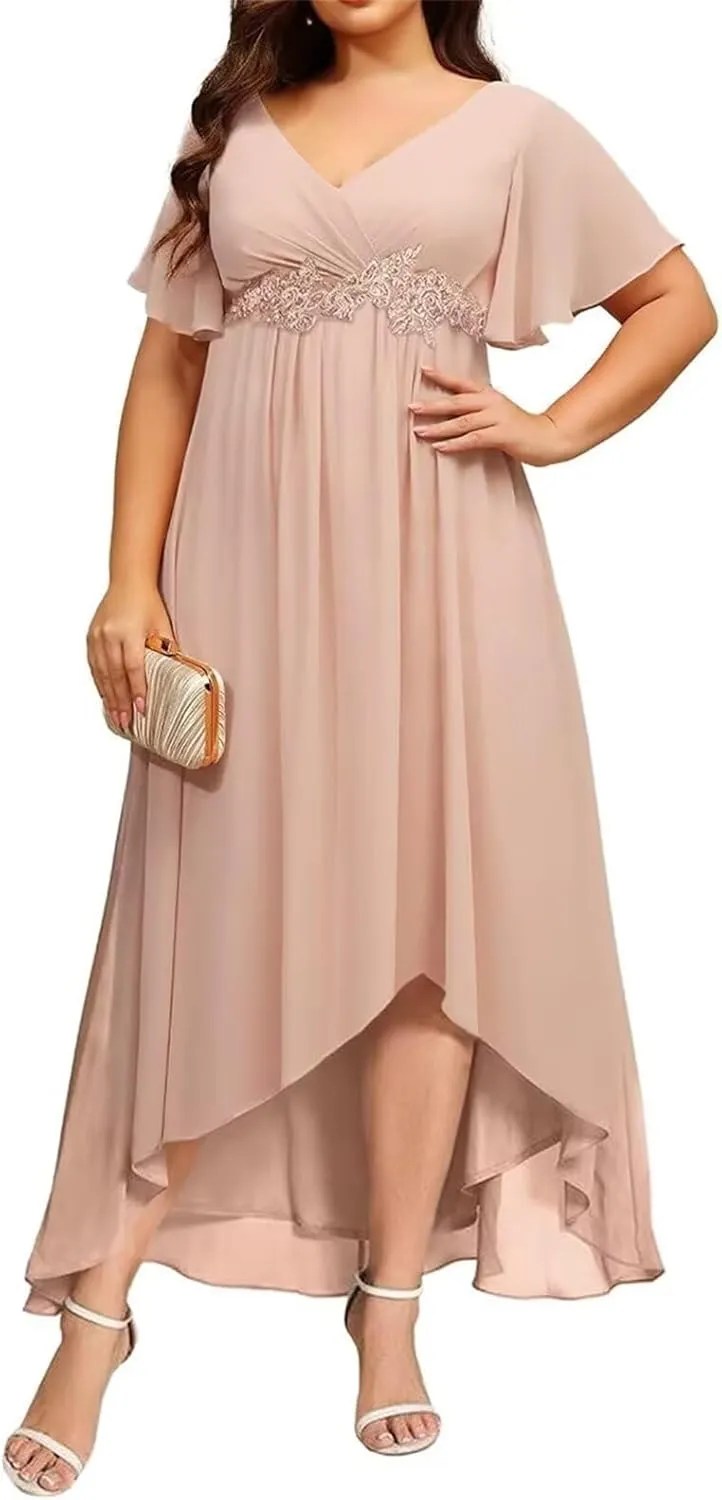 V Neck Mother of The Bride Dress with Sleeves 2025 Chiffon Lace High Low Formal Evening Dresses XDM006