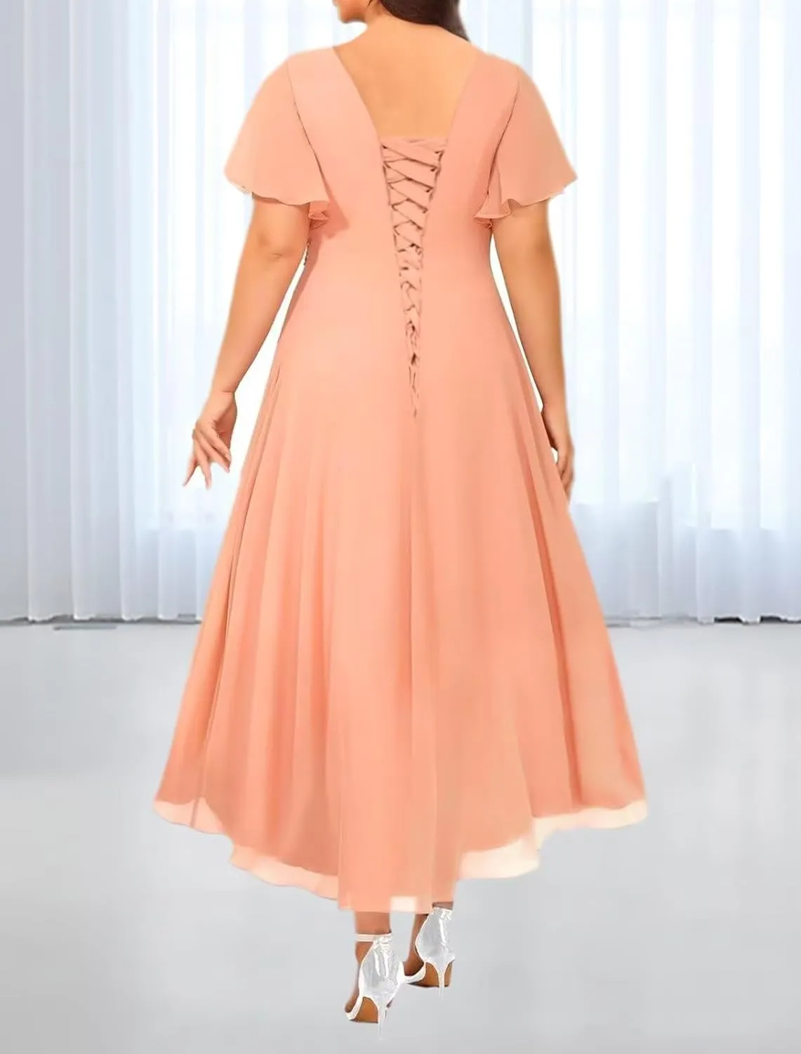 V Neck Mother of The Bride Dress with Sleeves 2025 Chiffon Lace High Low Formal Evening Dresses XDM006