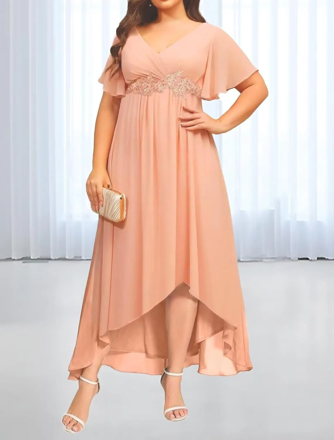 V Neck Mother of The Bride Dress with Sleeves 2025 Chiffon Lace High Low Formal Evening Dresses XDM006