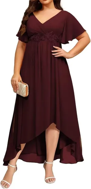 V Neck Mother of The Bride Dress with Sleeves 2025 Chiffon Lace High Low Formal Evening Dresses XDM006