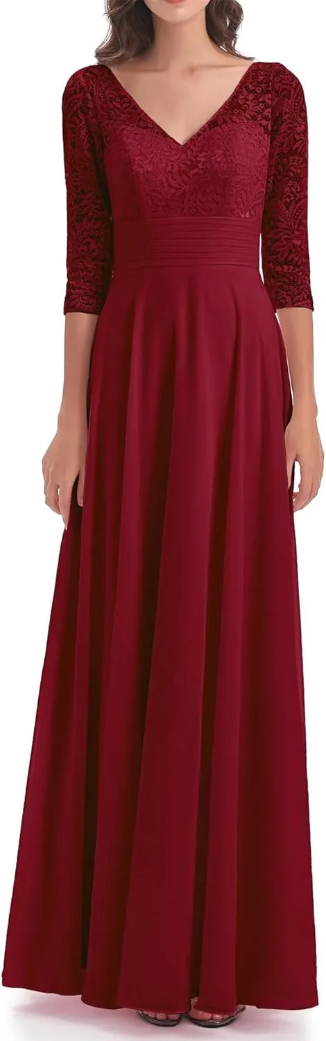 V Neck Mother of The Bride Dresses for Wedding Long Chiffon Mother of The Groom Dress 3/4 Sleeves Lace Formal Gowns MK79