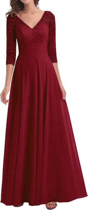 V Neck Mother of The Bride Dresses for Wedding Long Chiffon Mother of The Groom Dress 3/4 Sleeves Lace Formal Gowns MK79