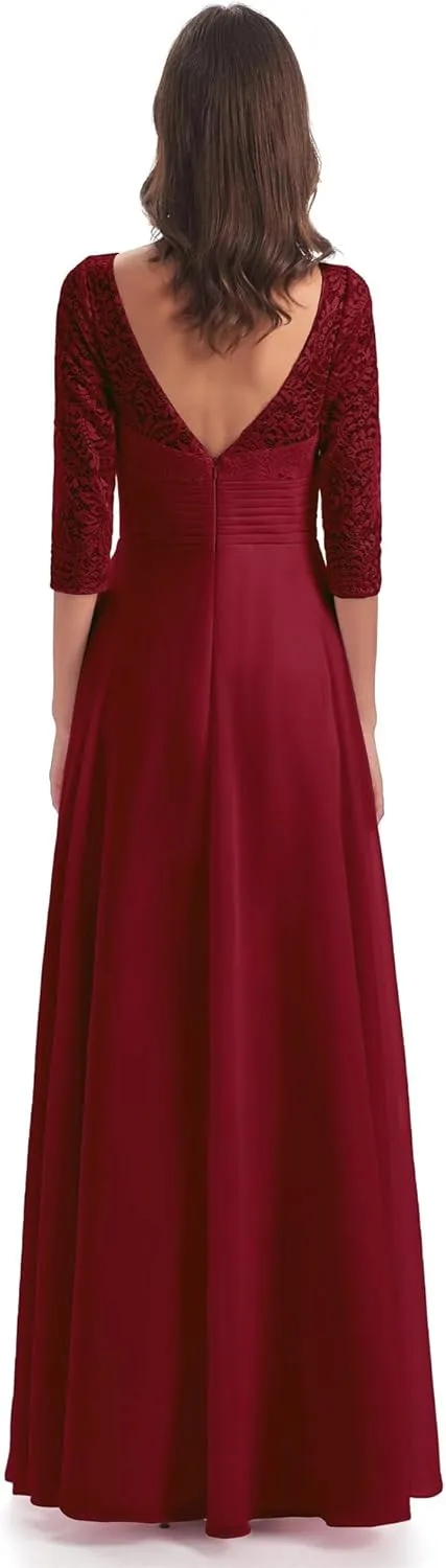 V Neck Mother of The Bride Dresses for Wedding Long Chiffon Mother of The Groom Dress 3/4 Sleeves Lace Formal Gowns MK79