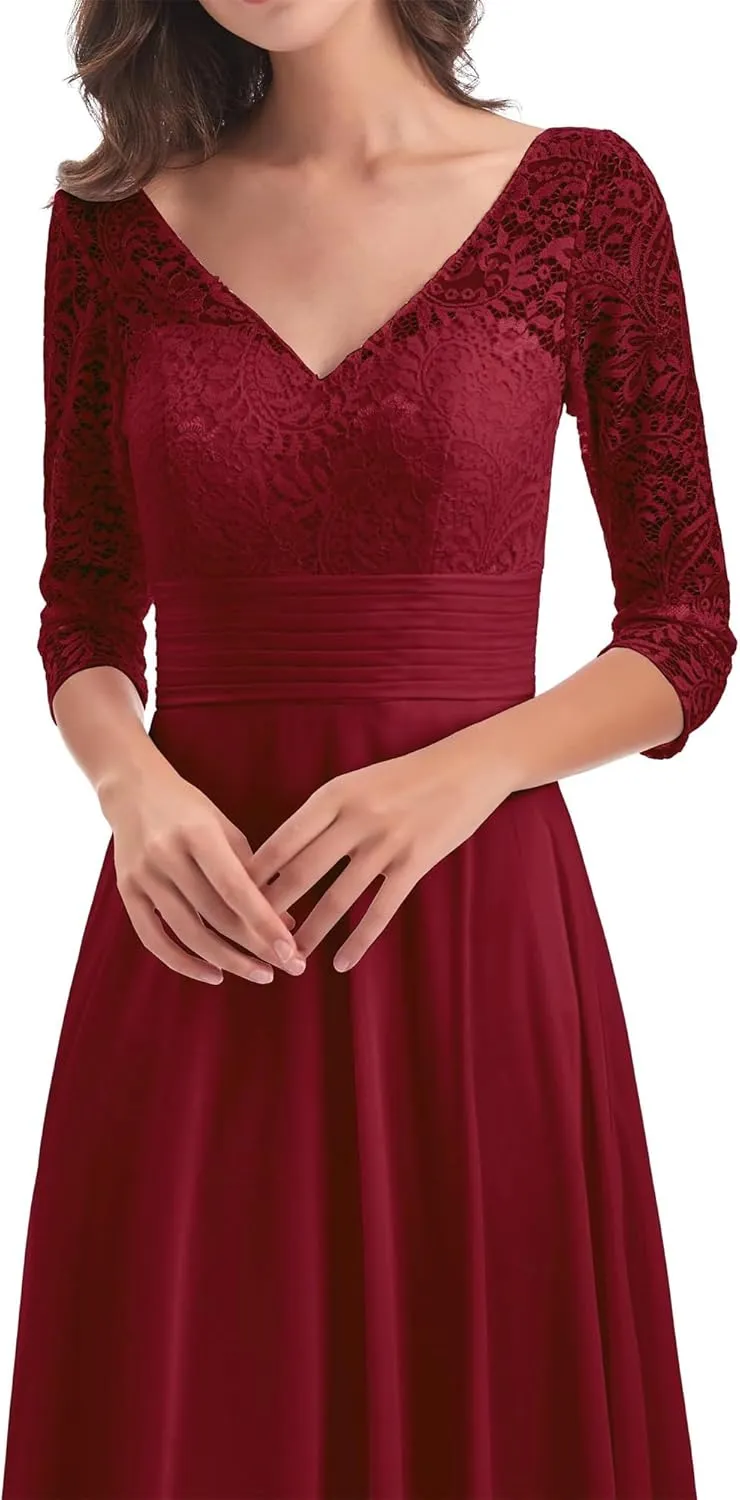 V Neck Mother of The Bride Dresses for Wedding Long Chiffon Mother of The Groom Dress 3/4 Sleeves Lace Formal Gowns MK79