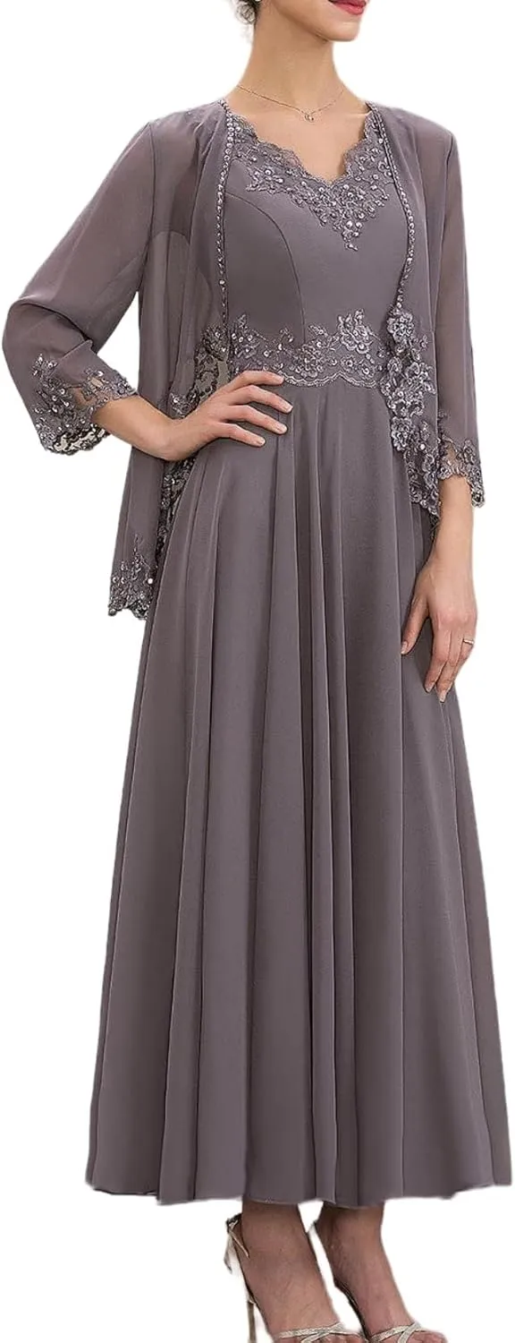V Neck Mother of The Bride Dresses for Women Chiffon 2 Pieces Formal Evening Gowns Lace Appliques
