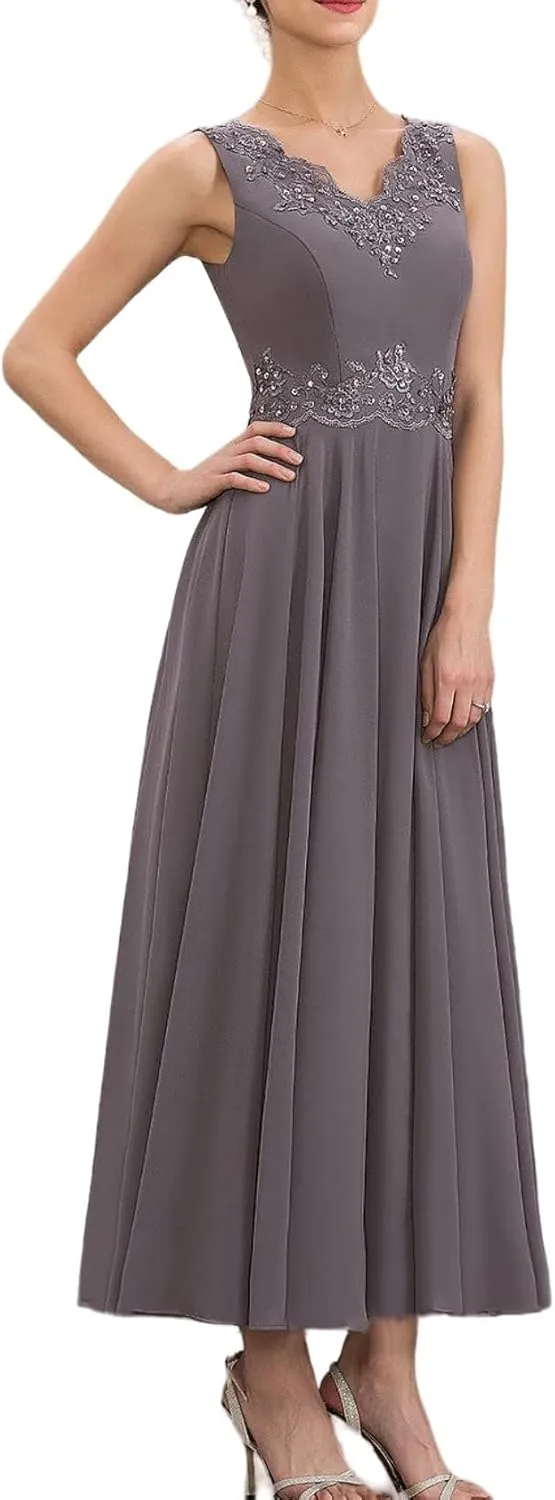 V Neck Mother of The Bride Dresses for Women Chiffon 2 Pieces Formal Evening Gowns Lace Appliques