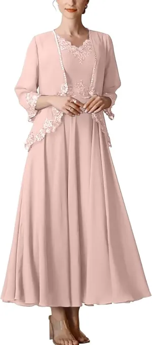 V Neck Mother of The Bride Dresses for Women Chiffon 2 Pieces Formal Evening Gowns Lace Appliques