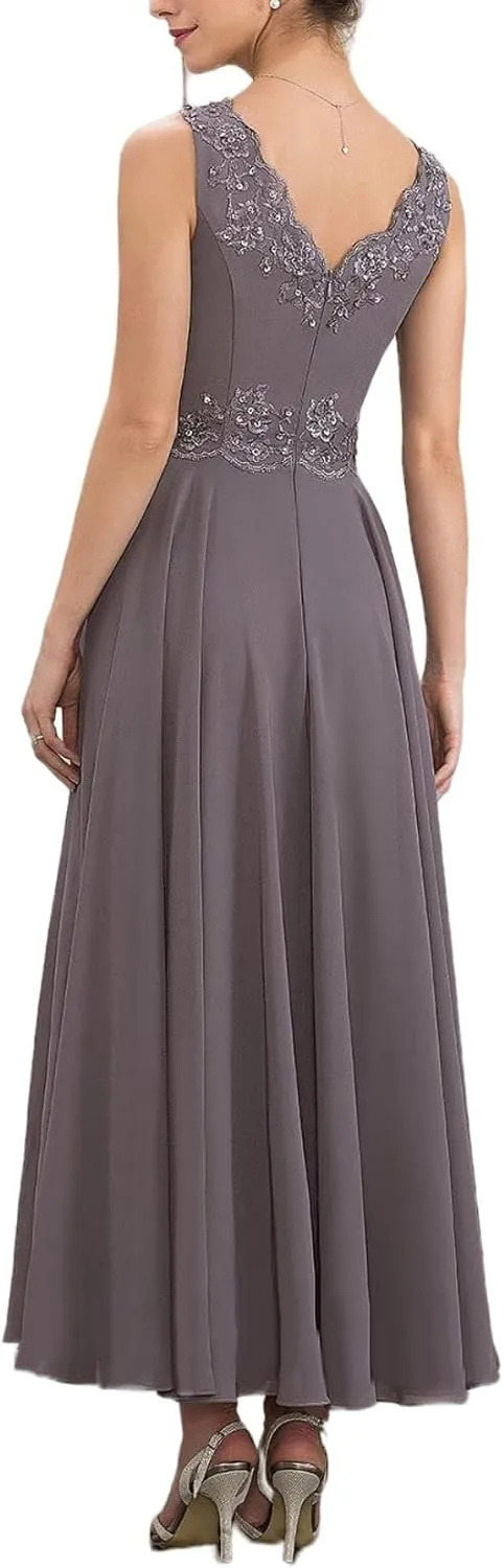 V Neck Mother of The Bride Dresses for Women Chiffon 2 Pieces Formal Evening Gowns Lace Appliques
