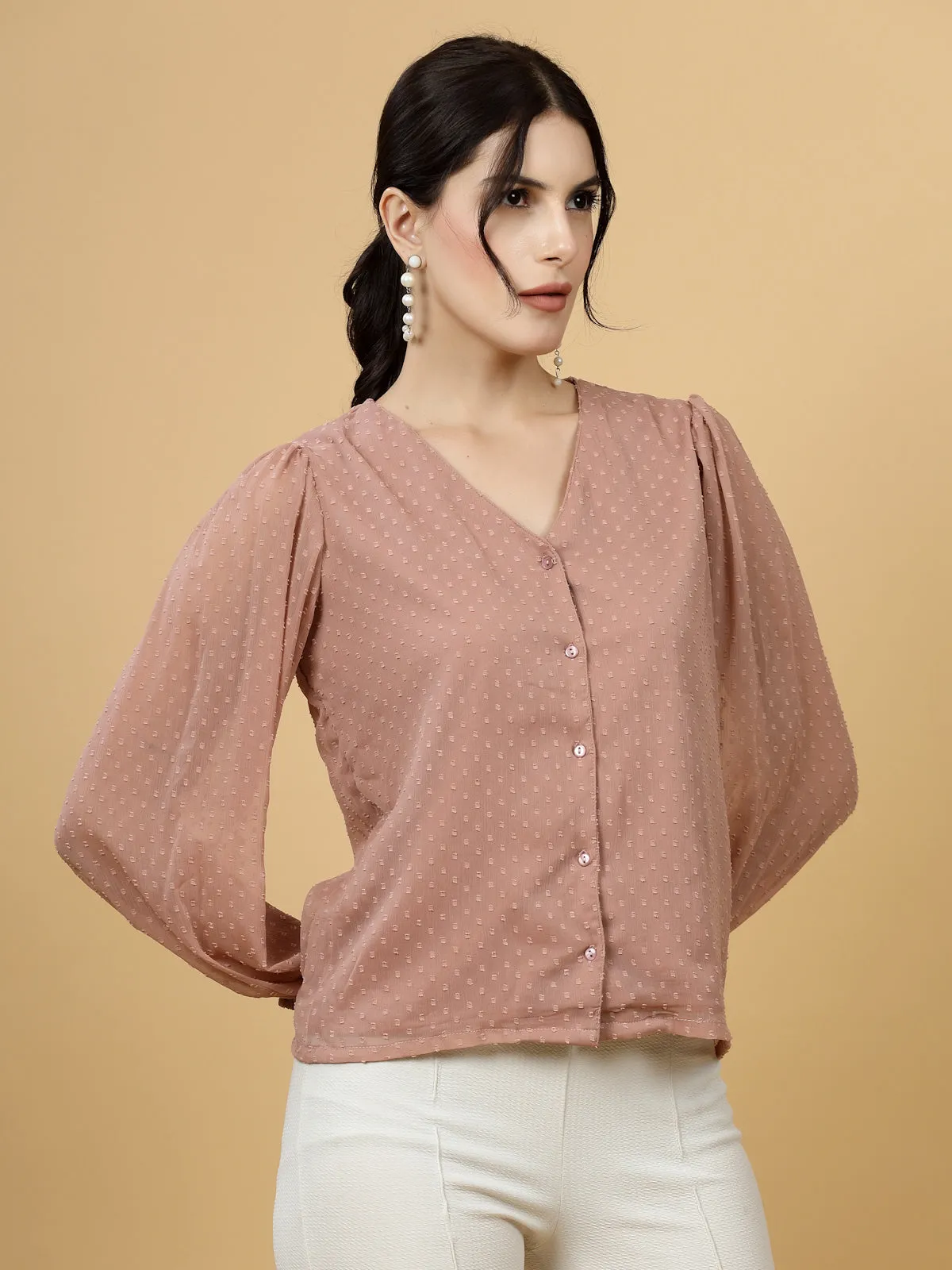V-Neck Self Design Shirt Style Top