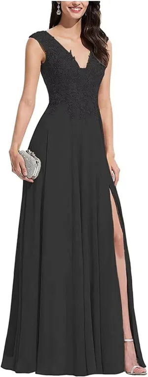 V Neck Sleeveless Formal Prom Dress for Party Lace Appliques Chiffon Evening Dress with Slit for Women Black US24W