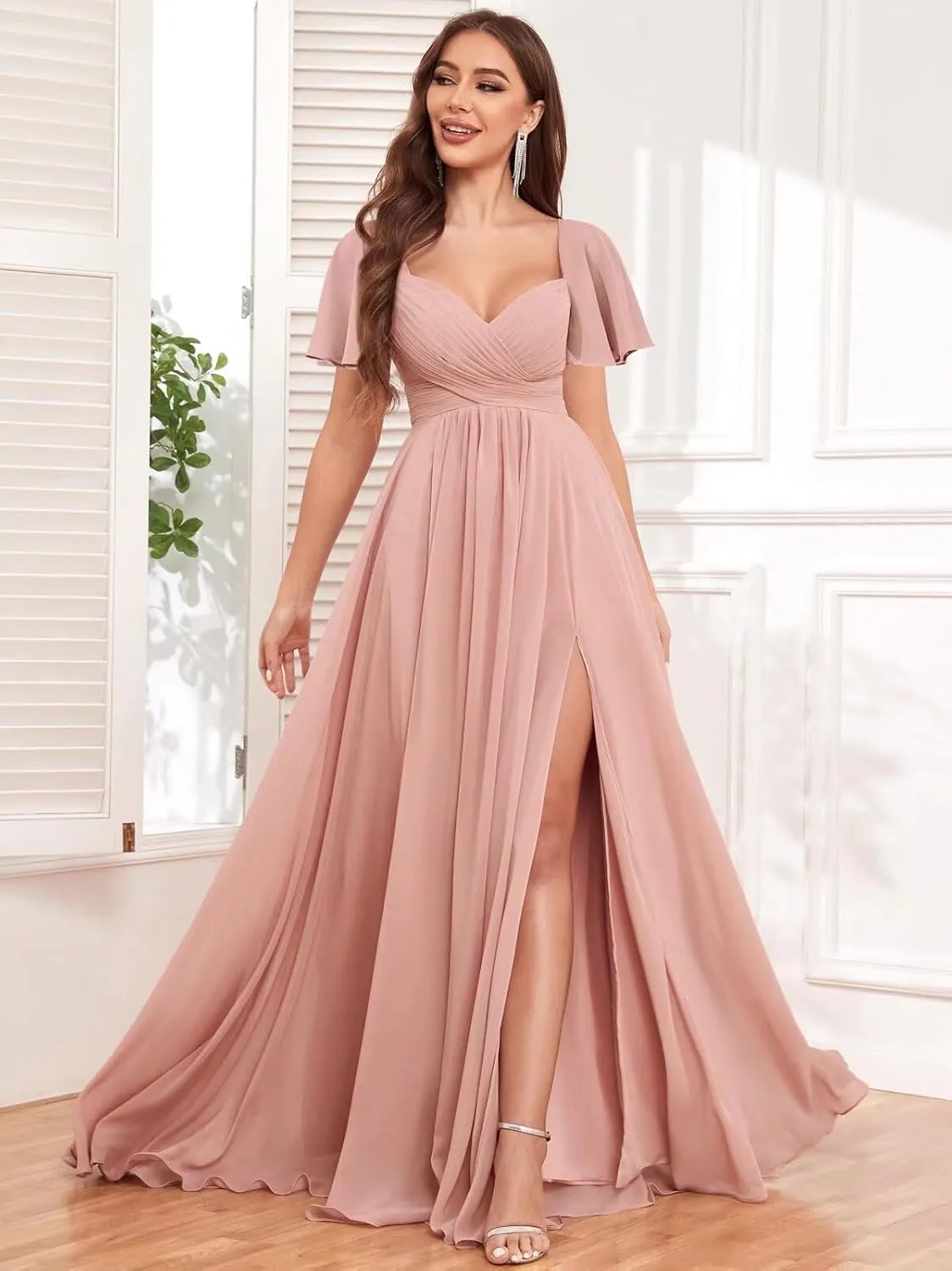 VCCICANY Chiffon Bridesmaid Dresses for Women Flutter Sleeve Pleated V Neck Long Formal Evening Gowns with Slit