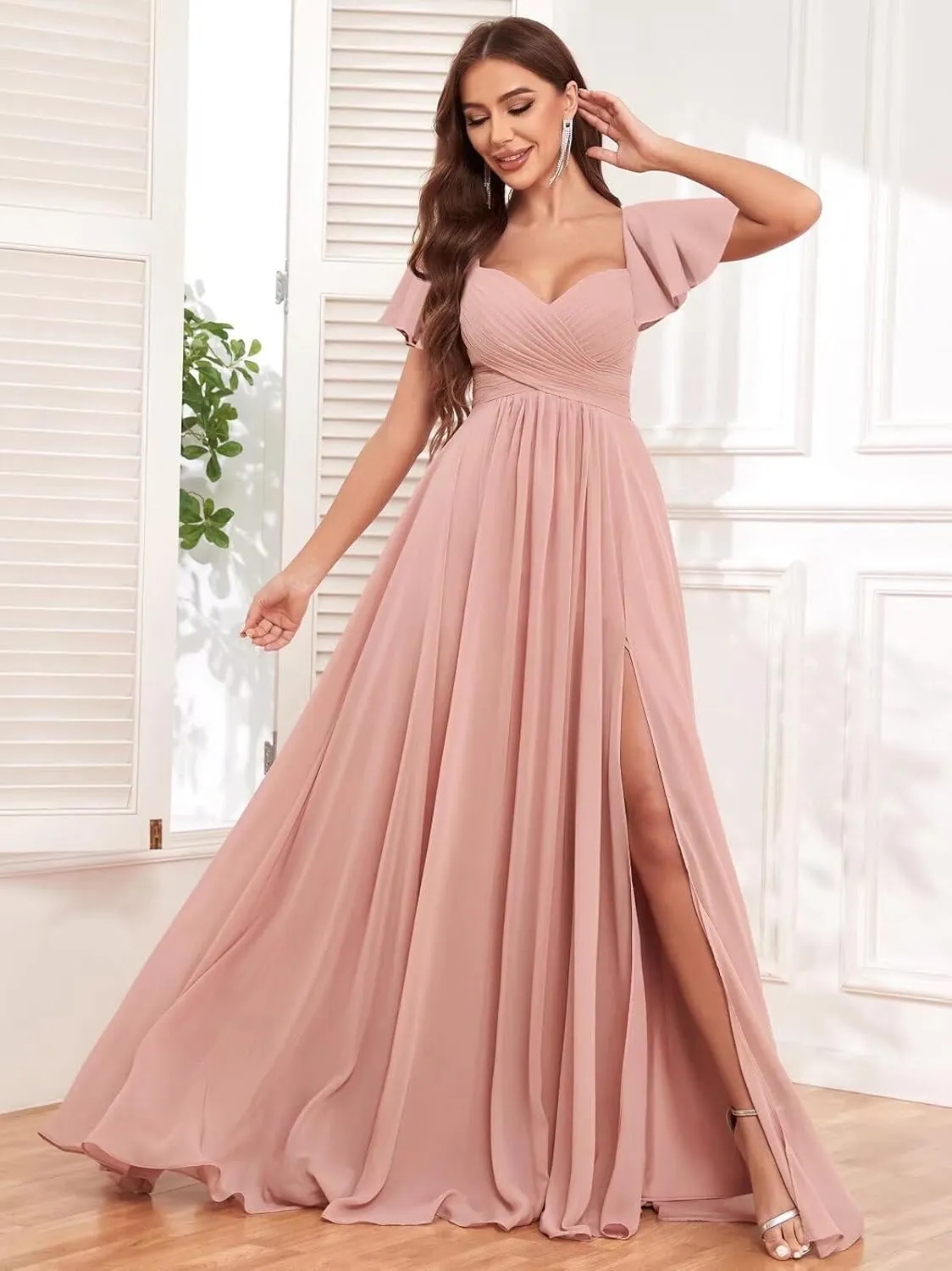 VCCICANY Chiffon Bridesmaid Dresses for Women Flutter Sleeve Pleated V Neck Long Formal Evening Gowns with Slit