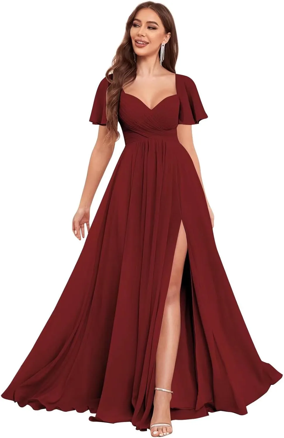 VCCICANY Chiffon Bridesmaid Dresses for Women Flutter Sleeve Pleated V Neck Long Formal Evening Gowns with Slit