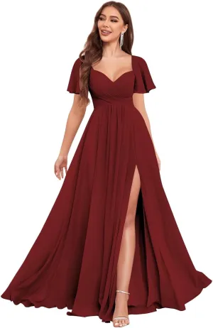 VCCICANY Chiffon Bridesmaid Dresses for Women Flutter Sleeve Pleated V Neck Long Formal Evening Gowns with Slit