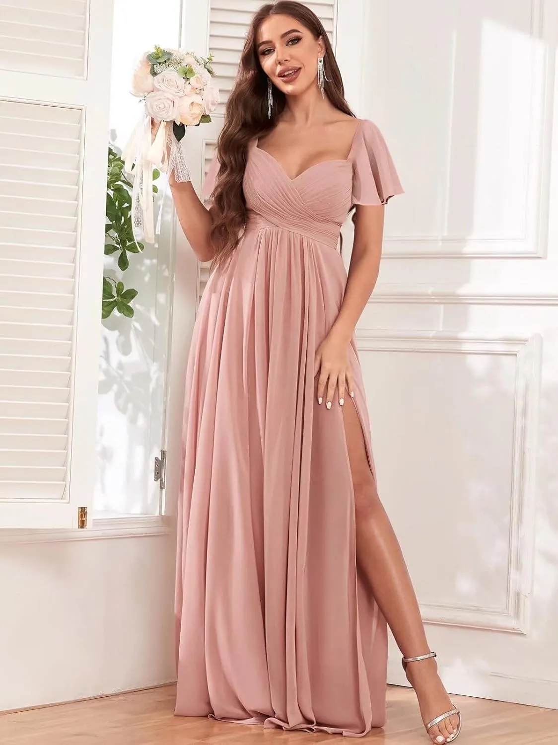VCCICANY Chiffon Bridesmaid Dresses for Women Flutter Sleeve Pleated V Neck Long Formal Evening Gowns with Slit