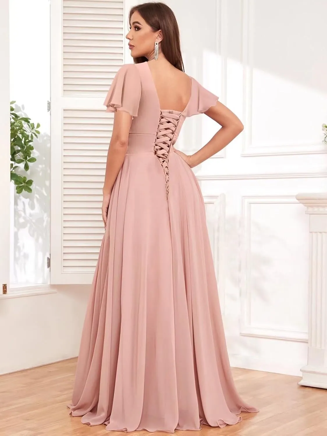 VCCICANY Chiffon Bridesmaid Dresses for Women Flutter Sleeve Pleated V Neck Long Formal Evening Gowns with Slit
