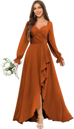 VCCICANY Long Sleeve Chiffon Bridesmaid Dresses for Women Sweetheart Ruffle Ruched Formal Evening Gowns with Slit