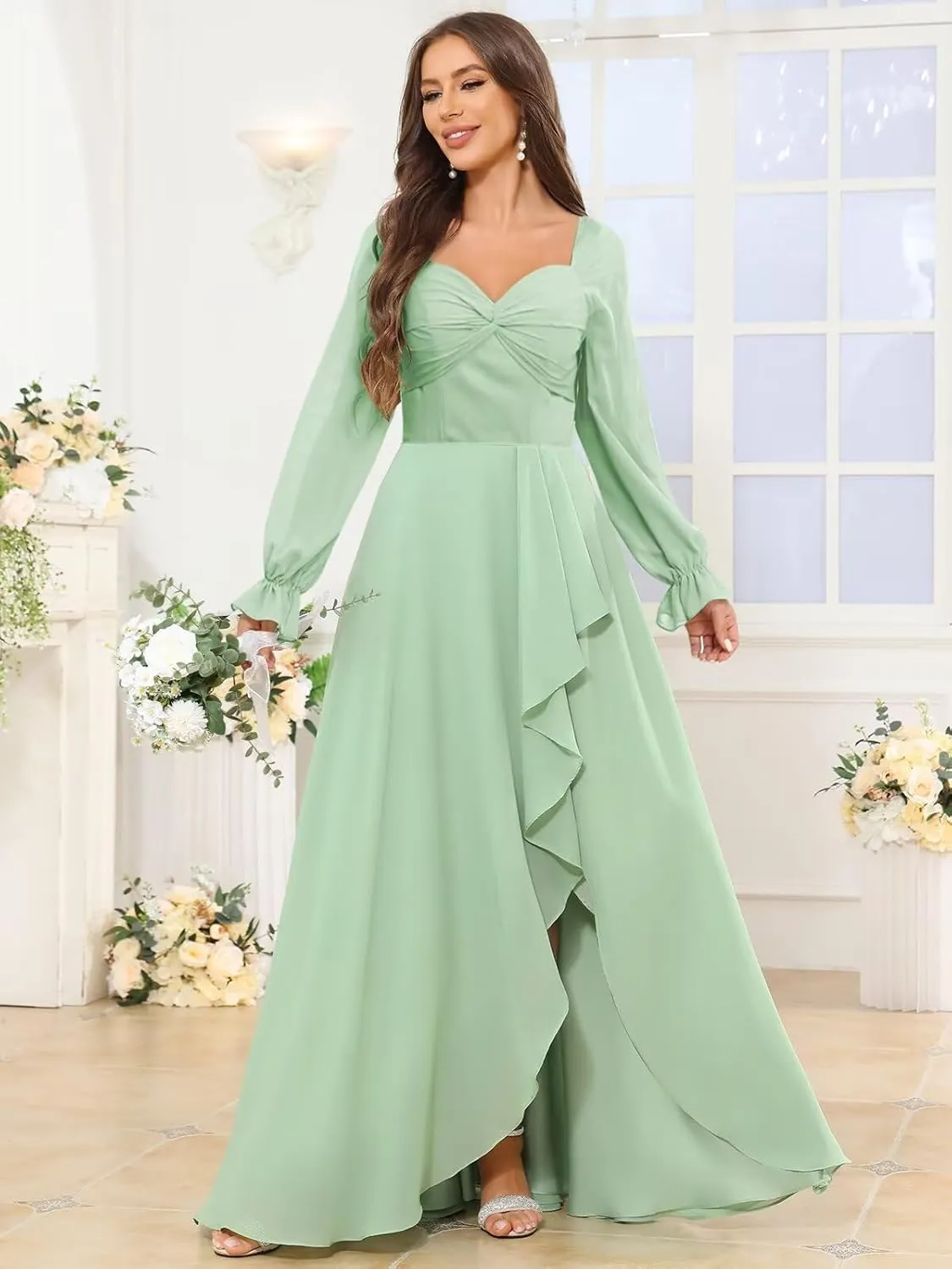 VCCICANY Long Sleeve Chiffon Bridesmaid Dresses for Women Sweetheart Ruffle Ruched Formal Evening Gowns with Slit
