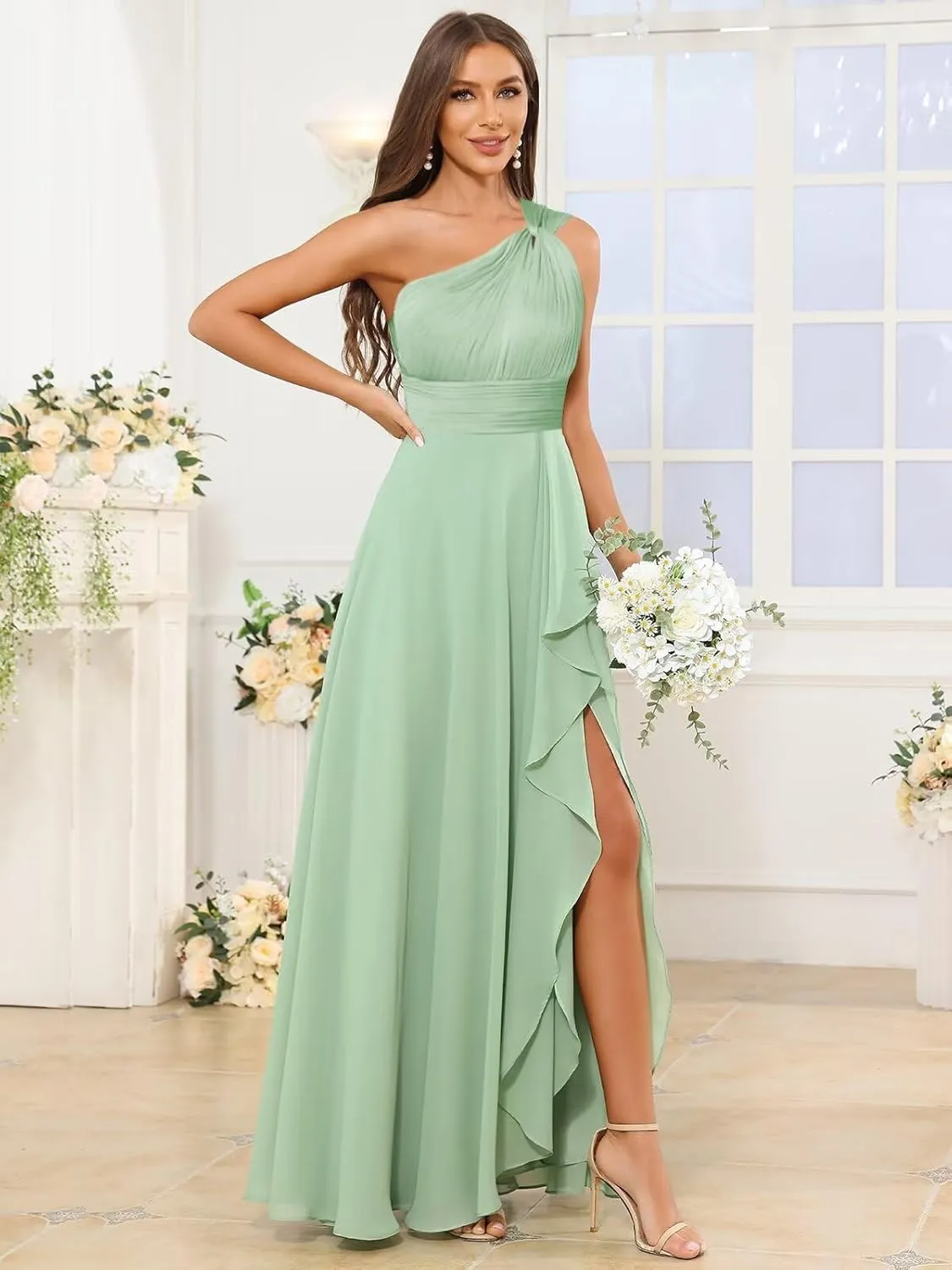 VCCICANY One Shoulder Bridesmaid Dresses for Women Chiffon A Line Pleated Ruffle Long Formal Evening Dresses with Slit