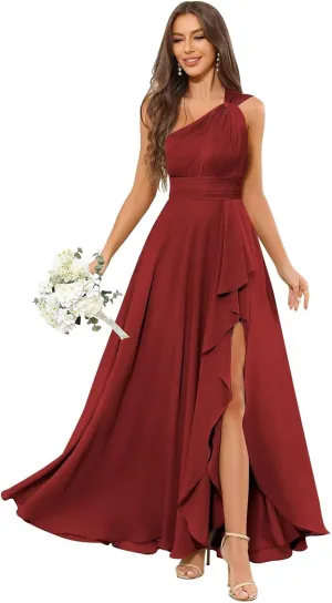 VCCICANY One Shoulder Bridesmaid Dresses for Women Chiffon A Line Pleated Ruffle Long Formal Evening Dresses with Slit
