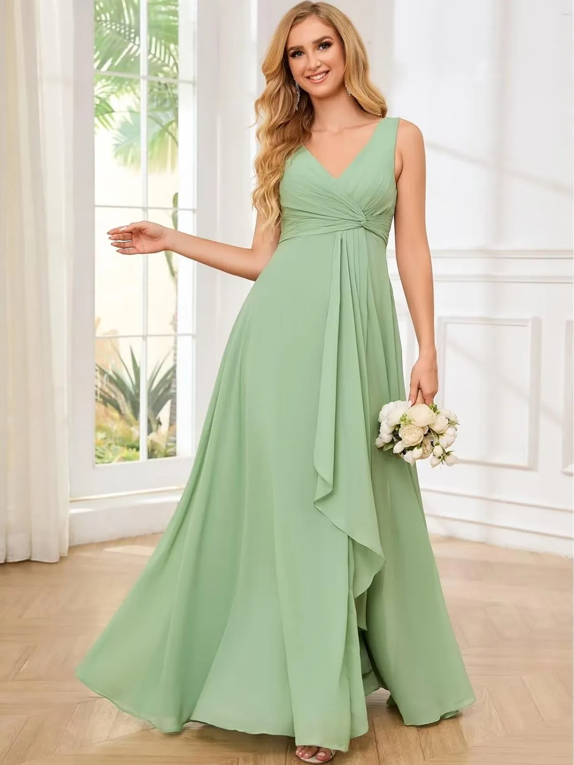 VCCICANY V Neck Bridesmaid Dresses for Women Chiffon A line Ruffle Split Formal Evening Gowns with Pockets