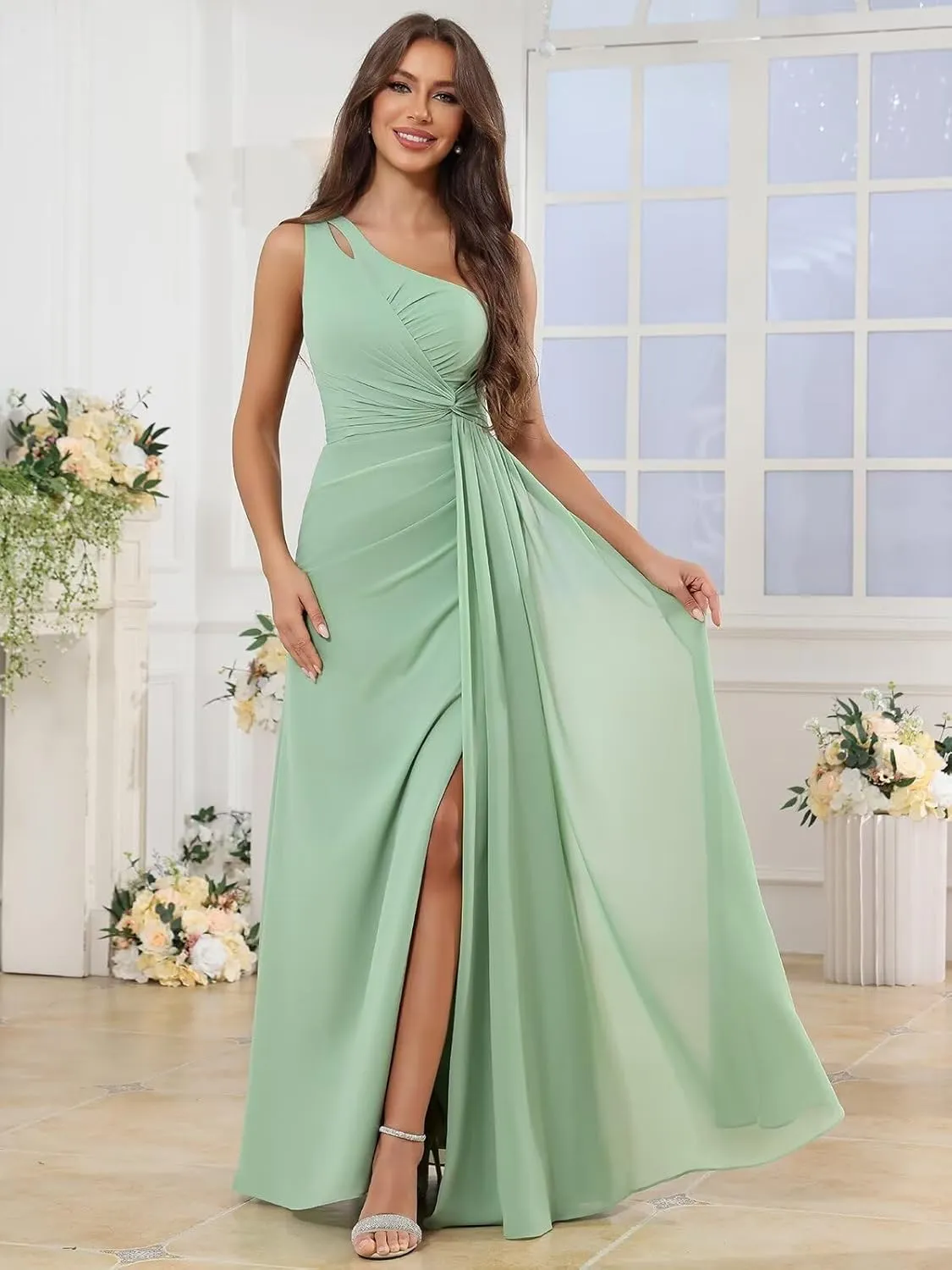 VCCICANY Women's One Shoulder Bridesmaid Dresses Long A Line Ruched Chiffon Formal Party Dress with Slit