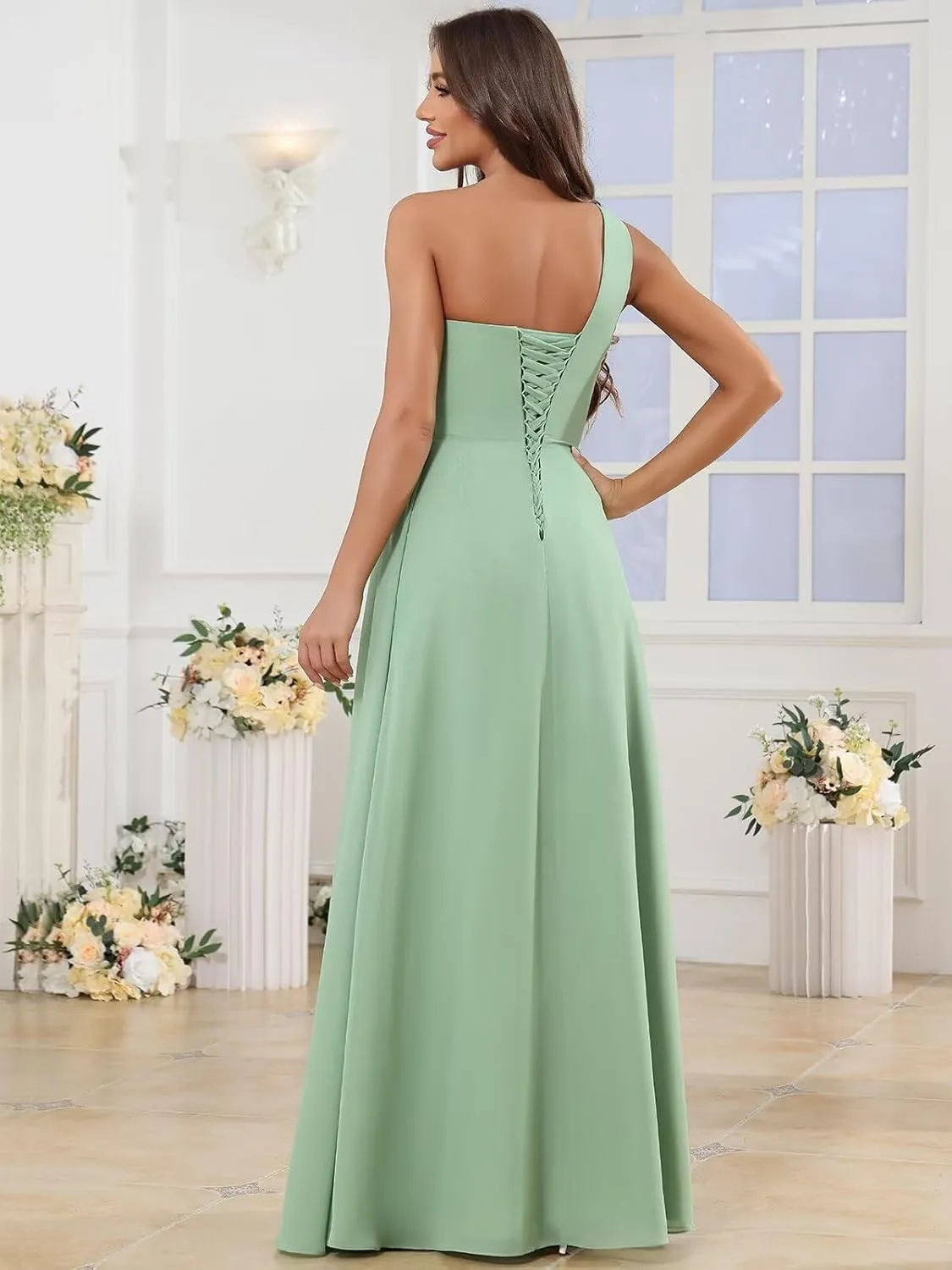 VCCICANY Women's One Shoulder Bridesmaid Dresses Long A Line Ruched Chiffon Formal Party Dress with Slit
