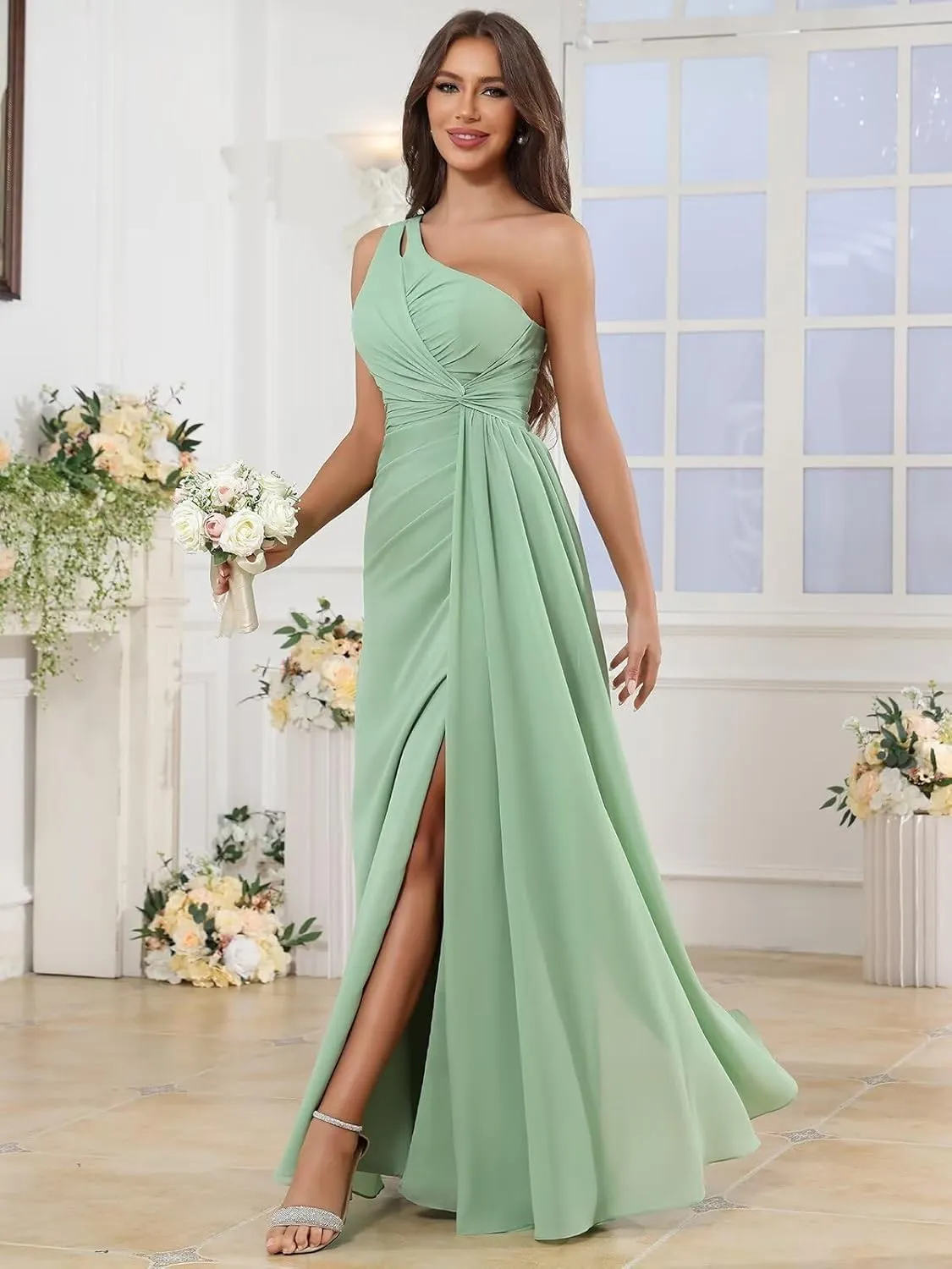 VCCICANY Women's One Shoulder Bridesmaid Dresses Long A Line Ruched Chiffon Formal Party Dress with Slit