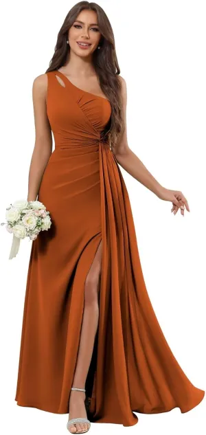 VCCICANY Women's One Shoulder Bridesmaid Dresses Long A Line Ruched Chiffon Formal Party Dress with Slit