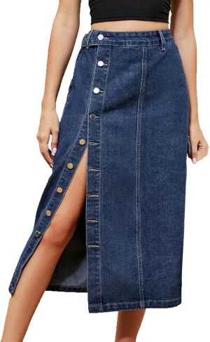Vintage A-line Midi Skirt High Waisted Button Front Casual Slit Long Skirts for Women Comfy Stretch Denim Skirt