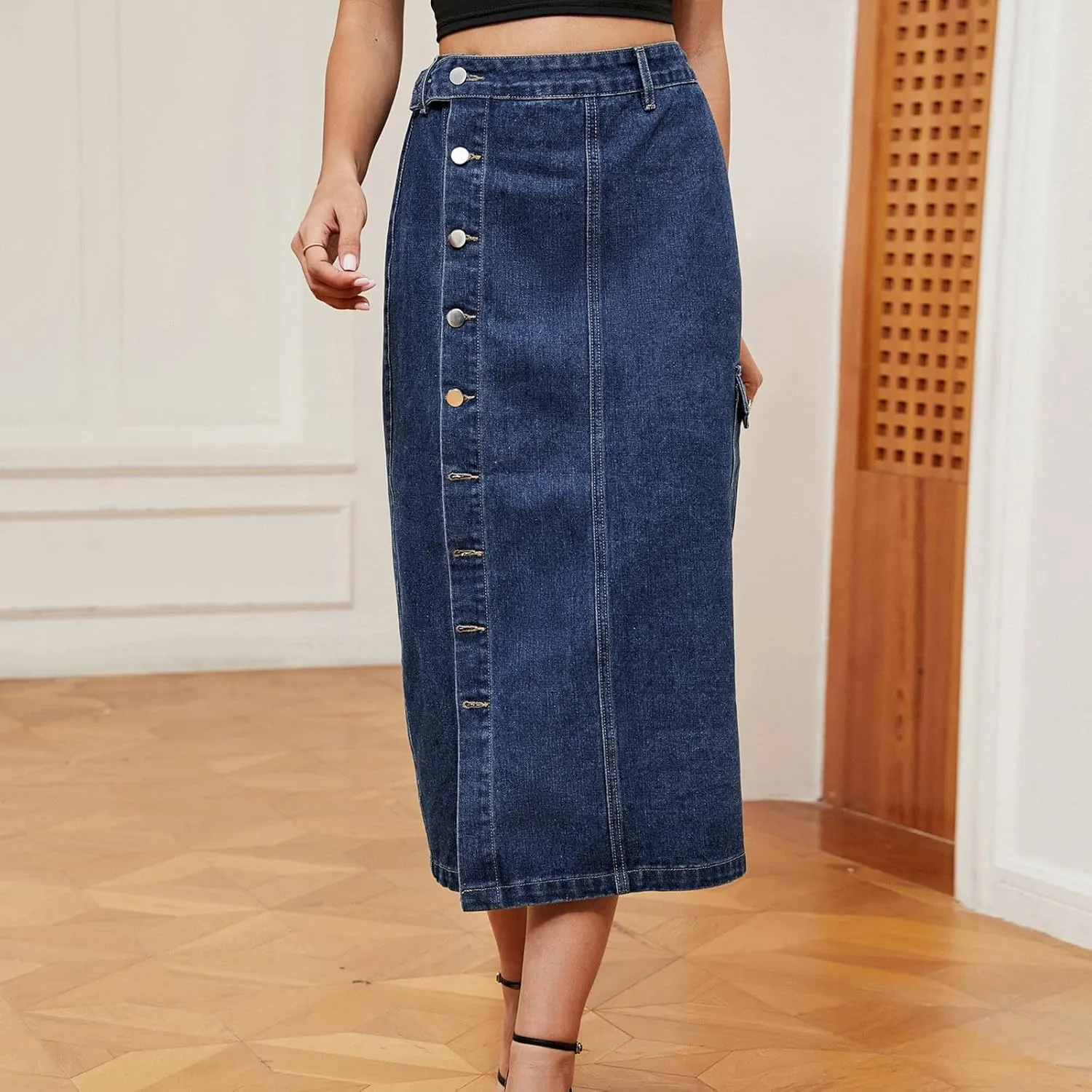 Vintage A-line Midi Skirt High Waisted Button Front Casual Slit Long Skirts for Women Comfy Stretch Denim Skirt