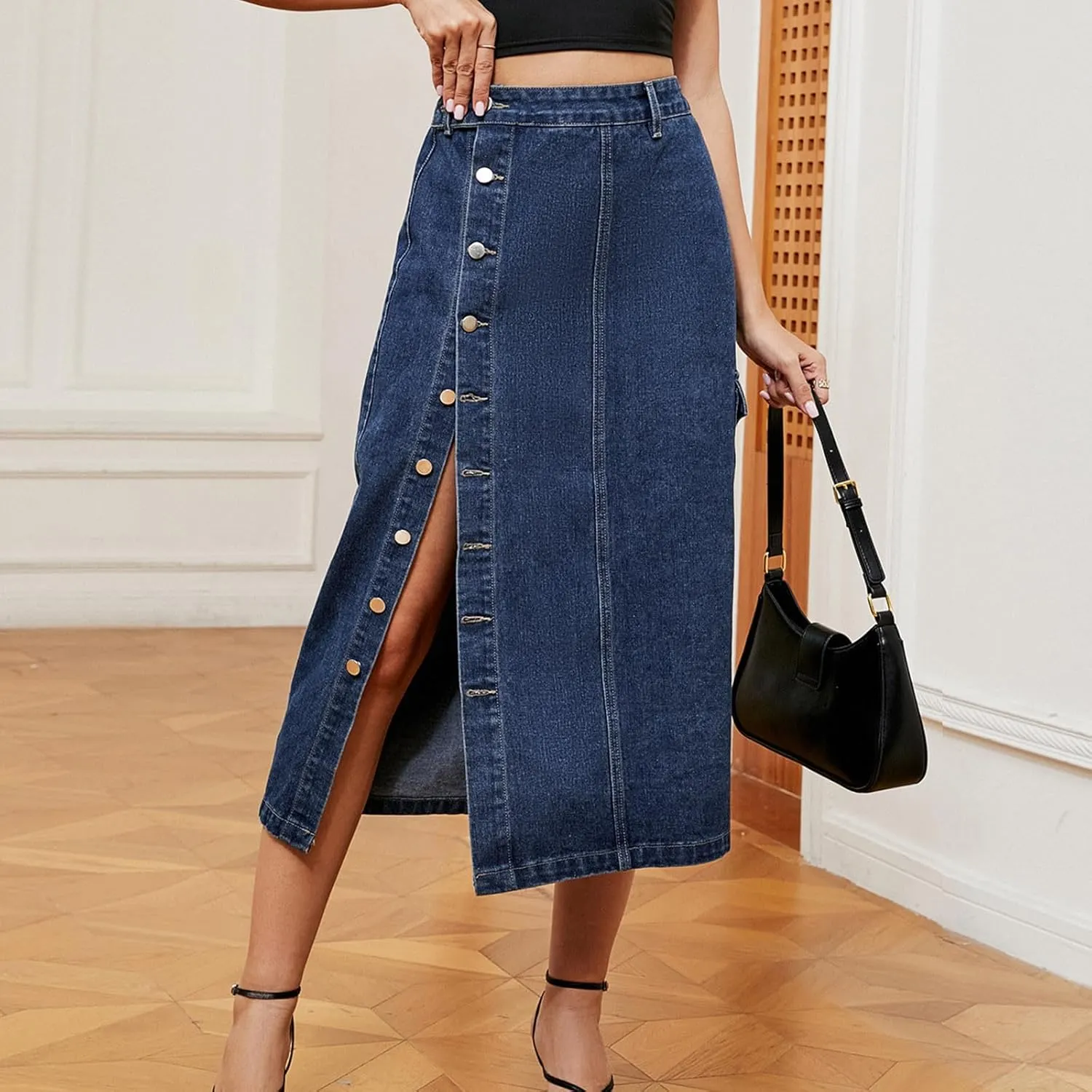 Vintage A-line Midi Skirt High Waisted Button Front Casual Slit Long Skirts for Women Comfy Stretch Denim Skirt