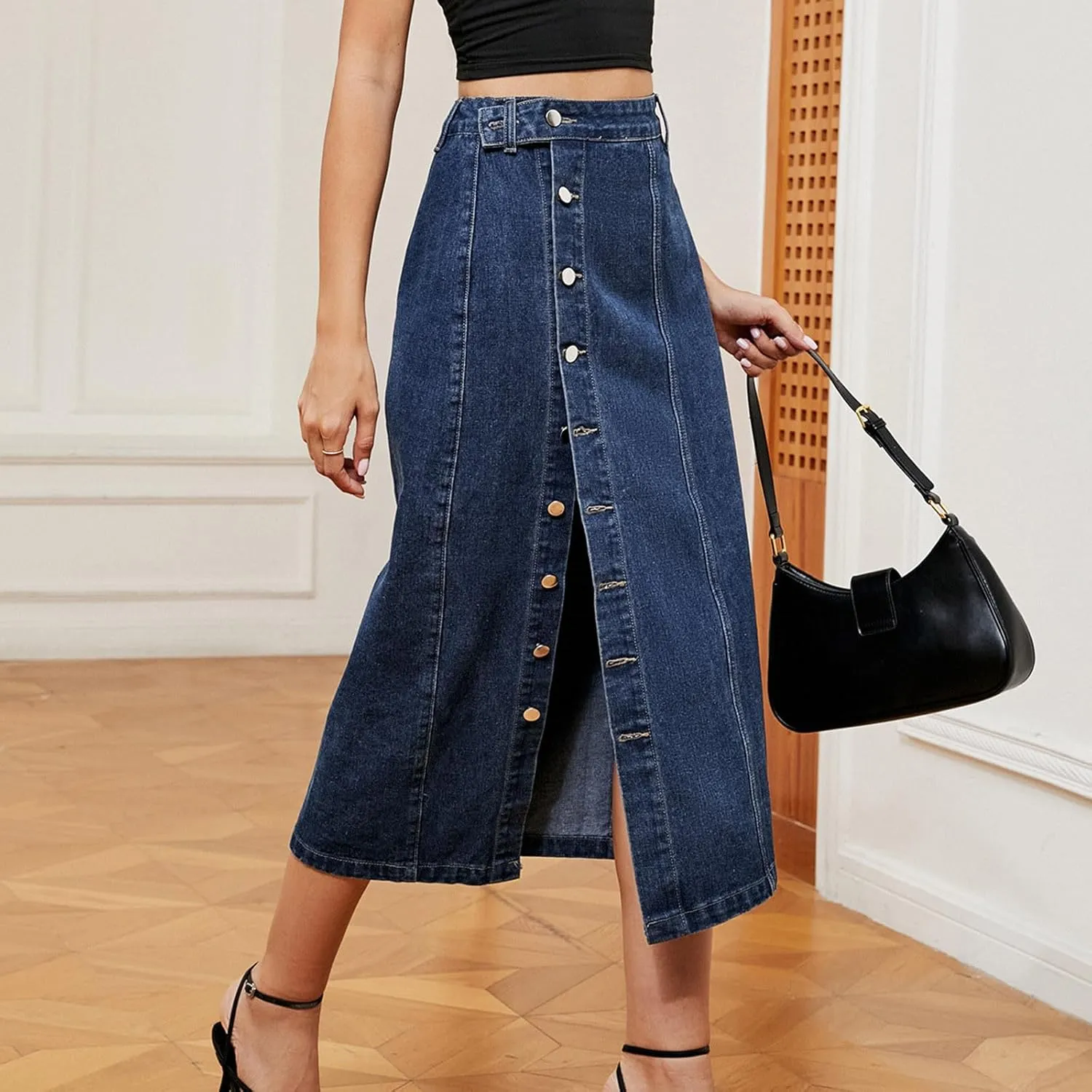 Vintage A-line Midi Skirt High Waisted Button Front Casual Slit Long Skirts for Women Comfy Stretch Denim Skirt