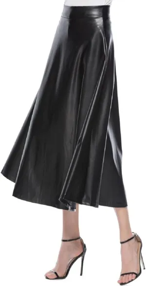 Vintage High Waist Faux Pleated Womens Solid Color skirts for women Leather A Line Long Skirts trendy Solid Midi Skirts Black