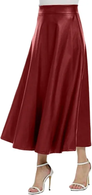 Vintage High Waist Faux Pleated Womens Solid Color skirts for women Leather A Line Long Skirts trendy Solid Midi Skirts Red