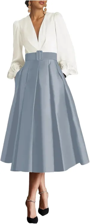 White Dusty Blue Long Sleeves Elegant Evening Dresses for Women Plus Size V Neck Tea Length Satin Formal Prom Party Dress Midi A Line Wedding Guest Dress with Pocket US20W