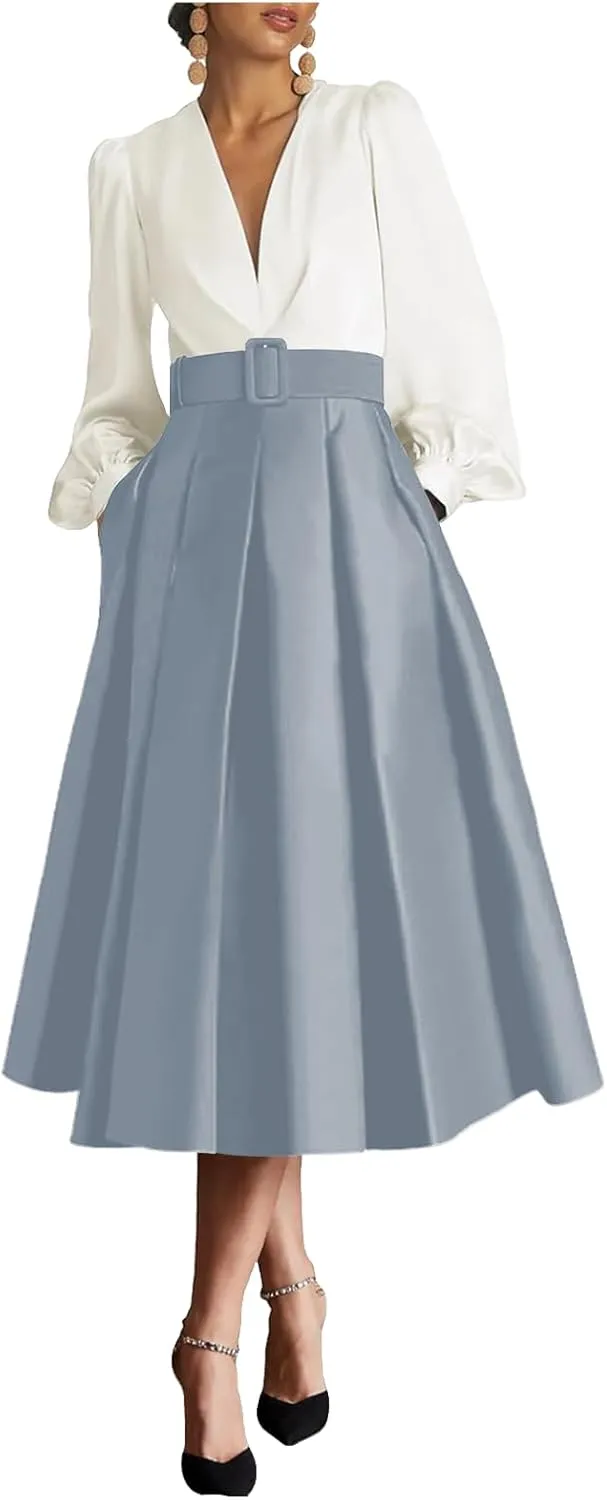 White Dusty Blue Long Sleeves Elegant Evening Dresses for Women Plus Size V Neck Tea Length Satin Formal Prom Party Dress Midi A Line Wedding Guest Dress with Pocket US20W