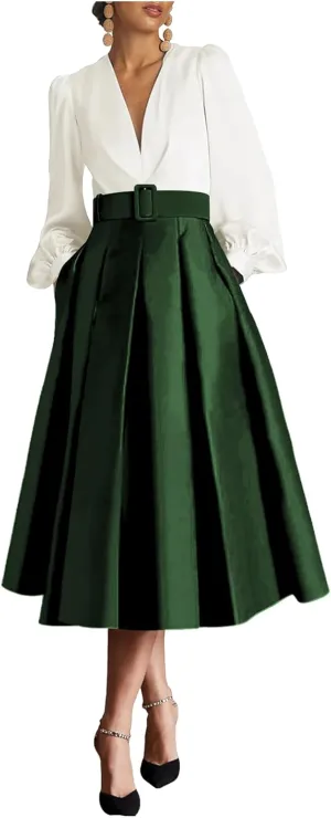 White Emearald Green Long Sleeves Elegant Evening Dresses for Women Plus Size V Neck Tea Length Satin Formal Prom Party Dress Midi A Line Wedding Guest Dress with Pocket US20W
