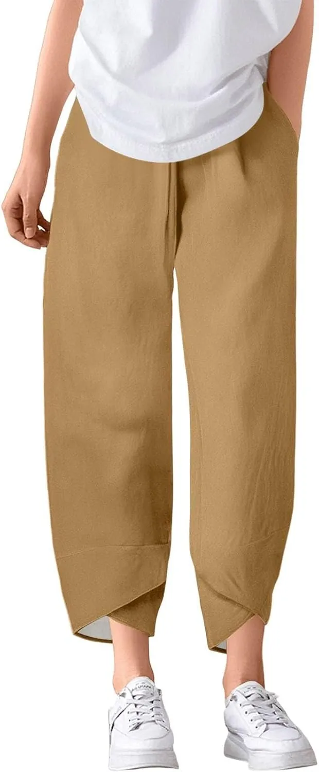 Wide Leg Linen Pants for Women Capri Summer Pants Palazzo Lounge Elastic Waist Cropped Beach Trousers with Pockets